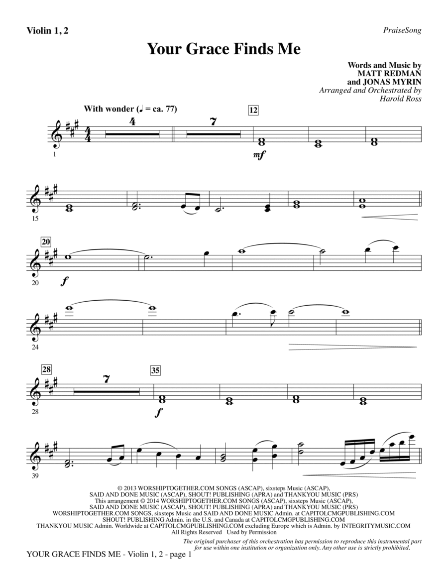 Your Grace Finds Me - Violin 1, 2 Choir scores gallery preview page 1