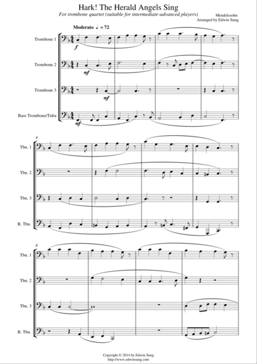 Hark! The Herald Angels Sing (for trombone quartet, suitable for intermediate-advanced players) Trombone Quartet scores gallery preview page 1