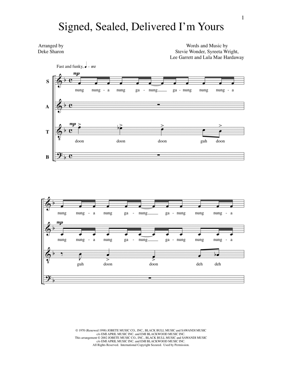 Signed, Sealed, Delivered I'm Yours 4-Part scores gallery preview page 1
