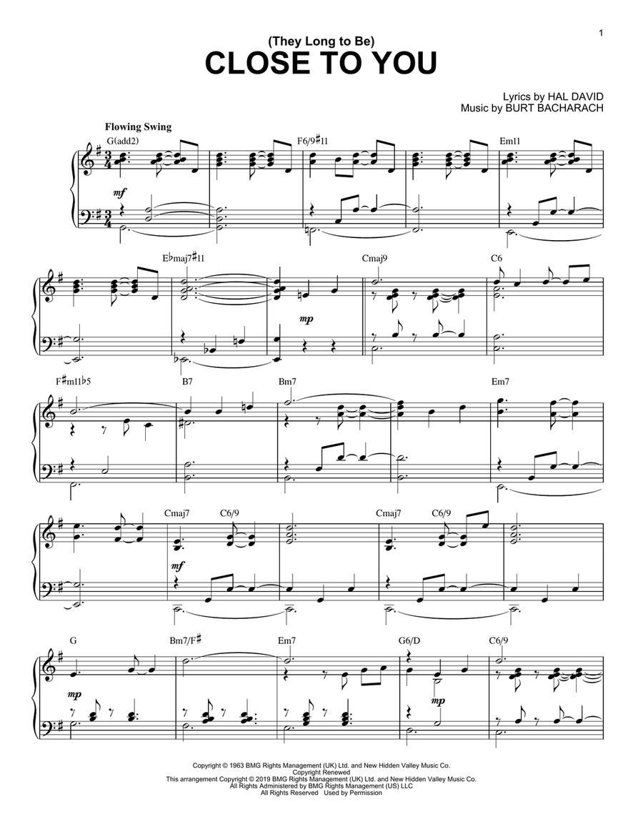 (They Long To Be) Close To You [Jazz version] Piano Solo scores gallery preview page 1