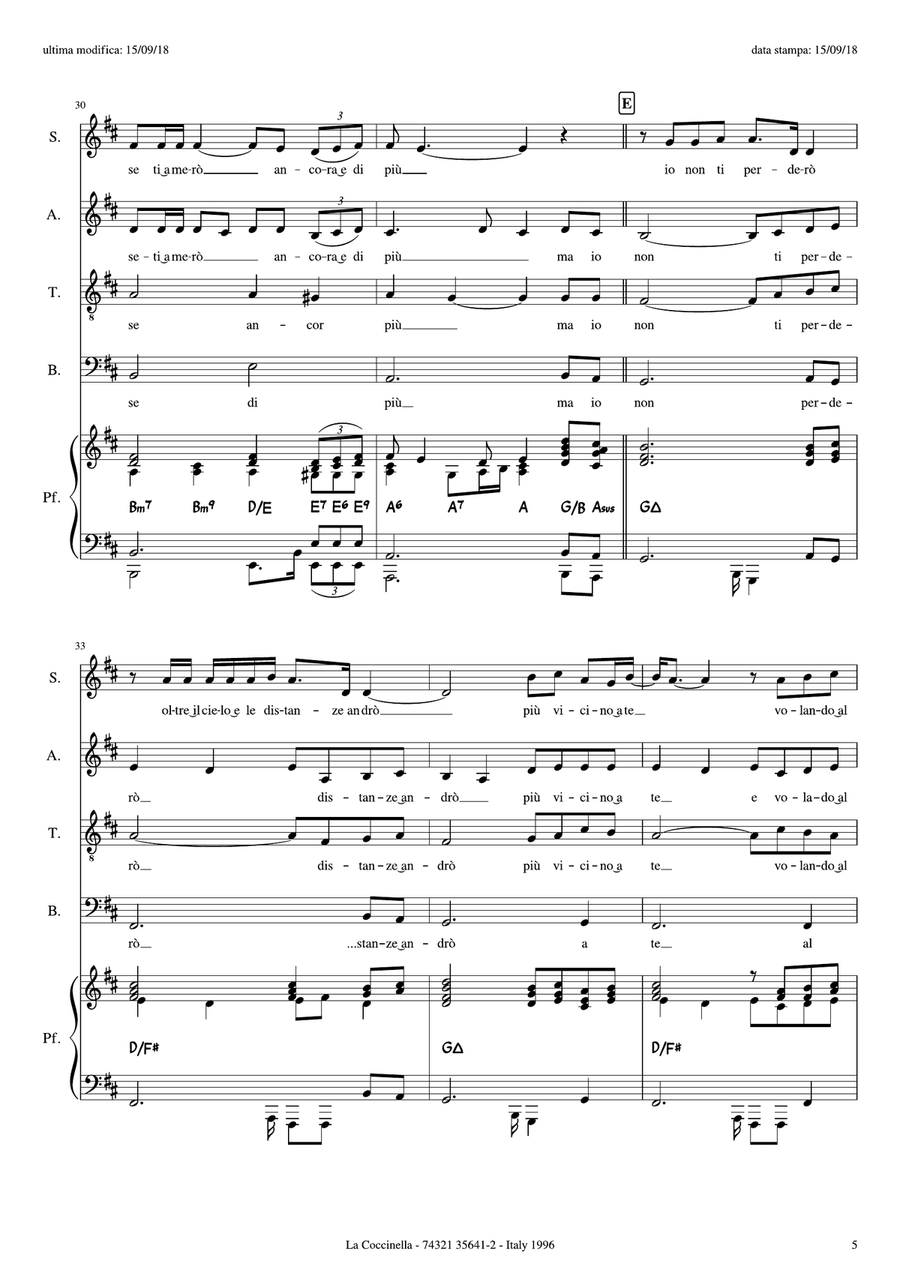 Strano il mio Destino for SATB + Piano (complete score + piano acc. + piano rehearsal + text and tra 4-Part scores gallery preview page 6