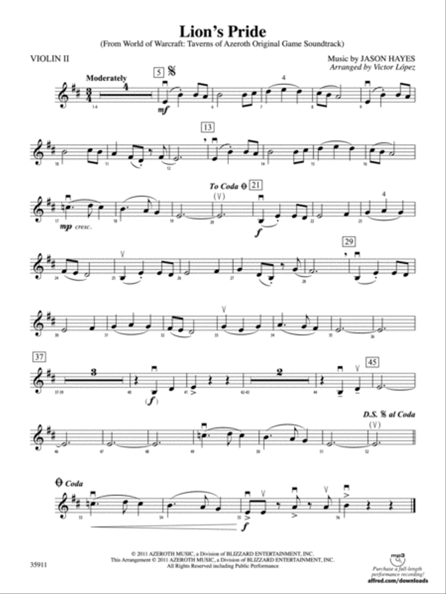 Lion’s Pride (from World of Warcraft: Taverns of Azeroth Original Game Soundtrack): 2nd Violin String Orchestra scores gallery preview page 1