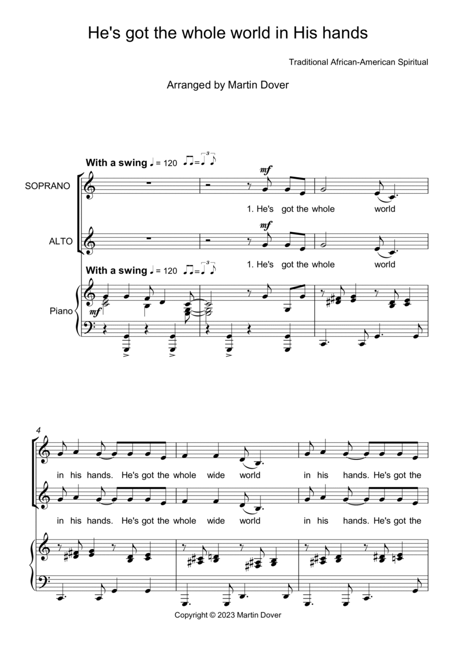 He's got the whole world in His hands - 2 part choir - SA - Upper Voices SA scores gallery preview page 1