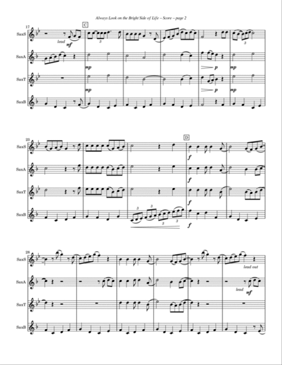 Always Look On The Bright Side Of Life Saxophone Quartet scores gallery preview page 2