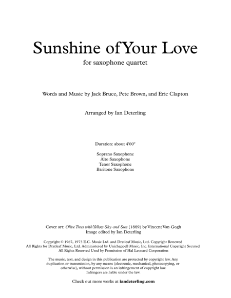 Sunshine Of Your Love for Saxophone Quartet image number null