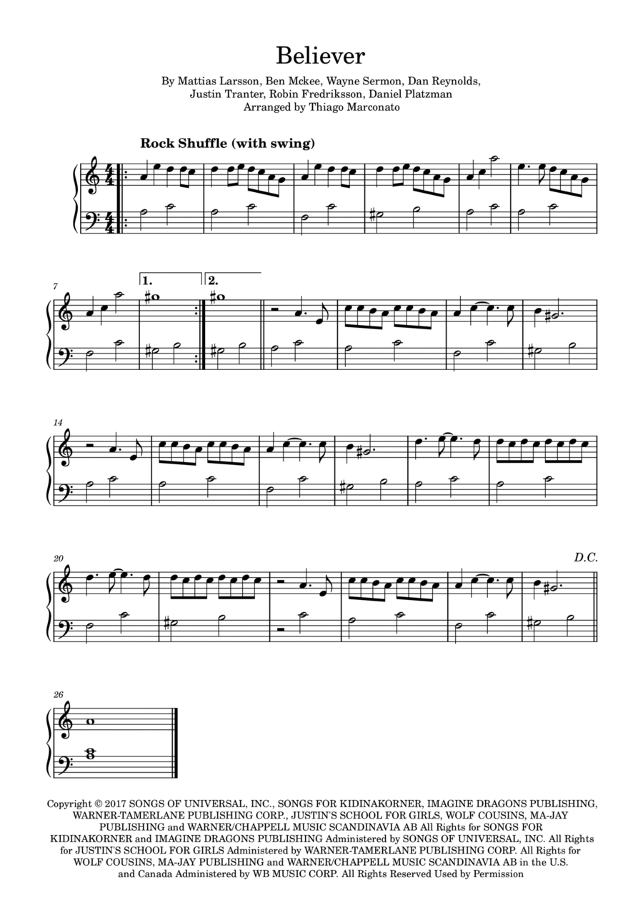 Believer Easy Piano scores gallery preview page 1
