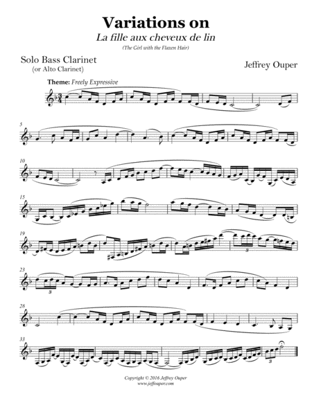 Variations on Debussy's "The Girl with the Flaxen Hair" for Solo Bass/Alto Clarinet Small Ensemble - Digital Sheet Music