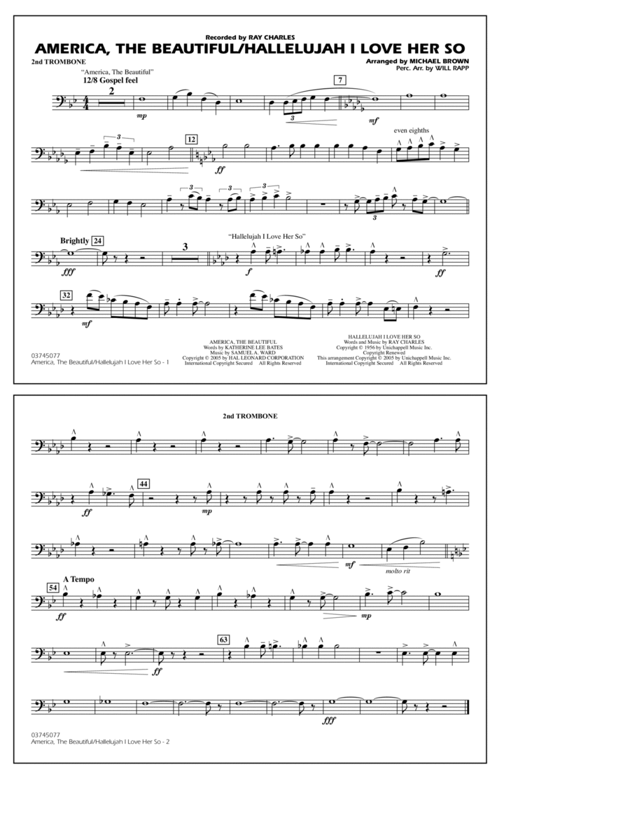 America, The Beautiful/Hallelujah I Love Her So (arr. Michael Brown) - 2nd Trombone Marching Band scores gallery preview page 1