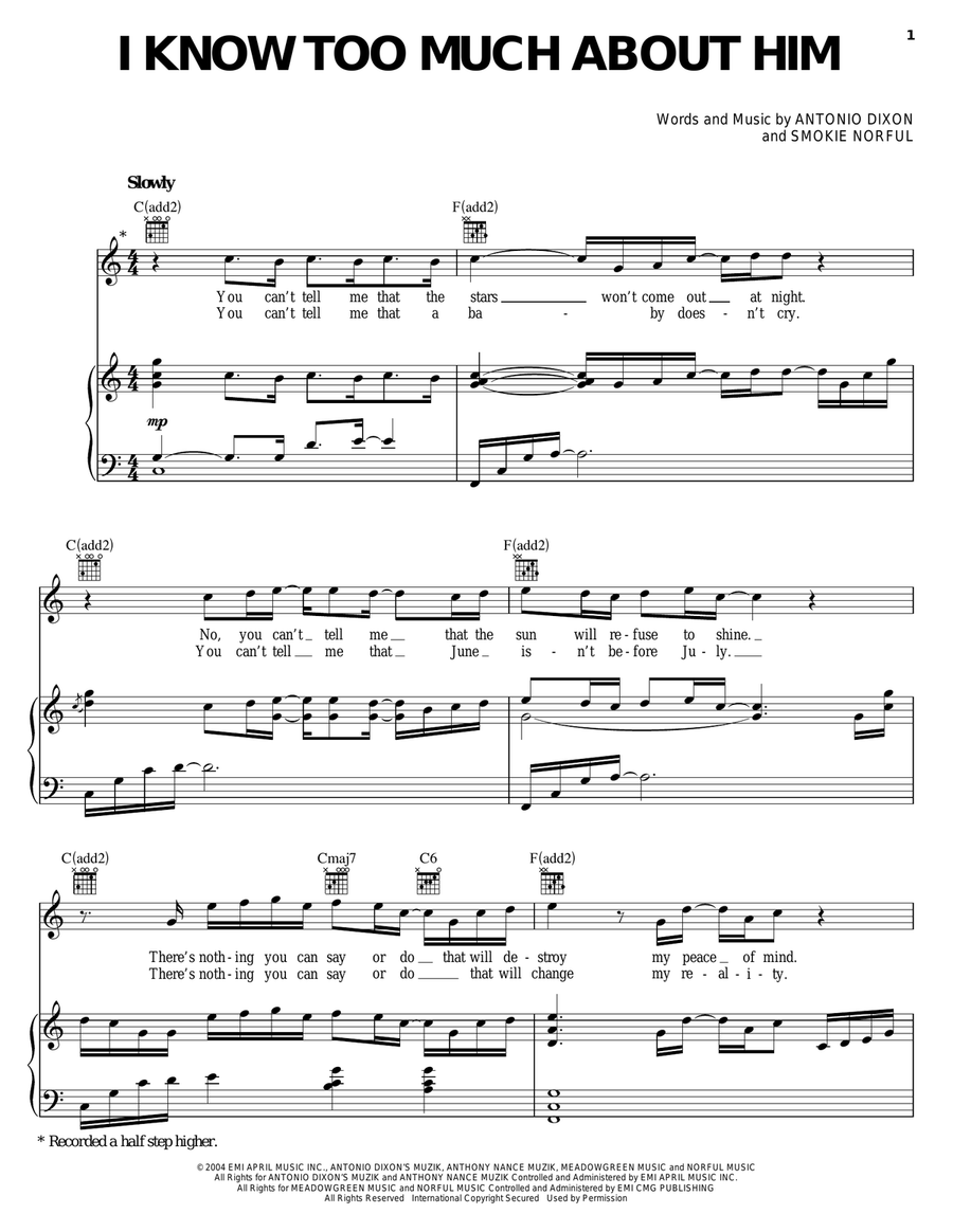 I Know Too Much About Him Piano, Vocal, Guitar scores gallery preview page 1