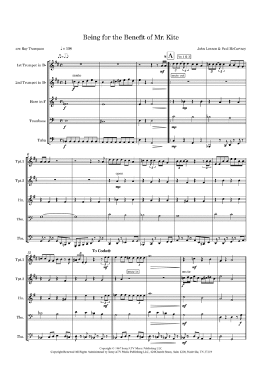 Being For The Benefit Of Mr. Kite Brass Quintet scores gallery preview page 3
