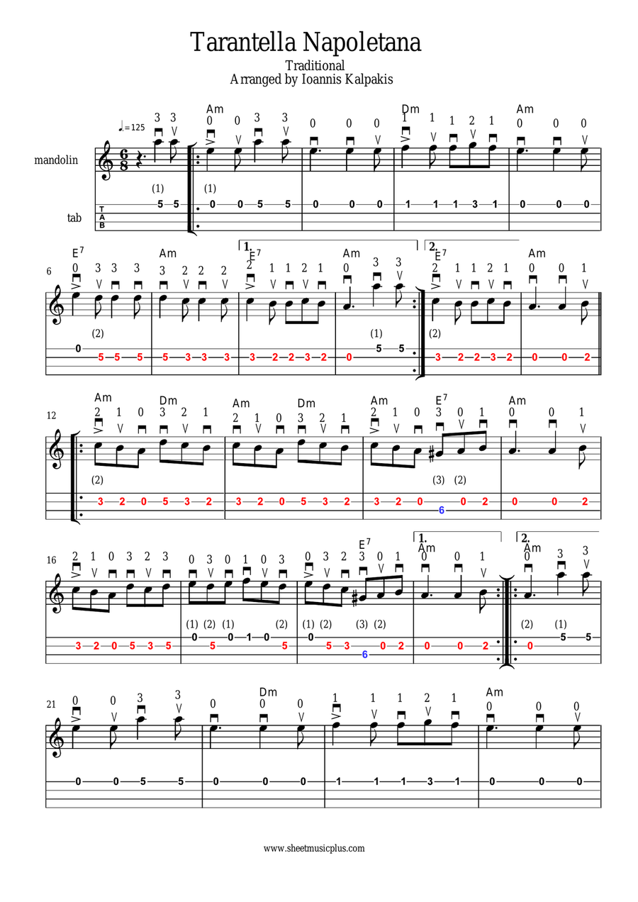 Tarantella Napoletana. Mandolin sheet music and tablature image number null