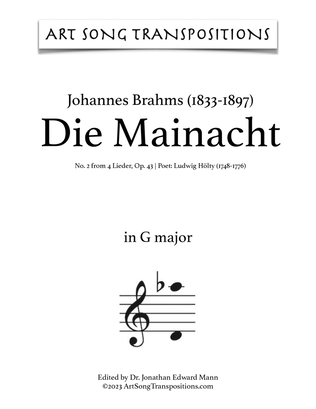 Book cover for BRAHMS: Die Mainacht, Op. 43 no. 2 (transposed to G major)