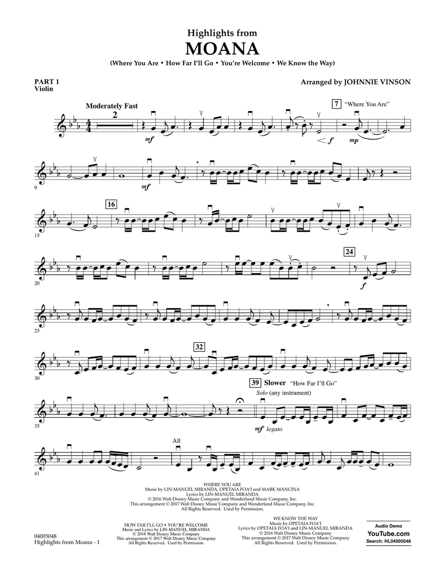 Highlights from Moana - Pt.1 - Violin Concert Band scores gallery preview page 1