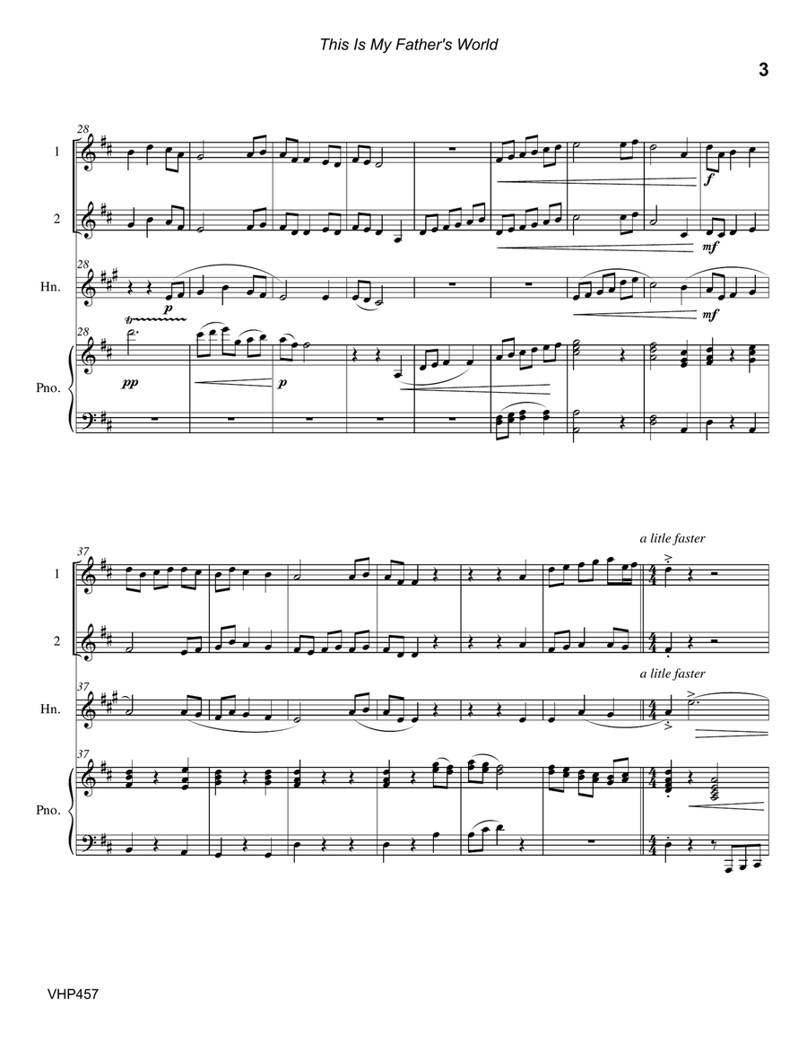 THIS IS MY FATHER'S WORLD - 2 VIOLINS & HORN with Piano Accompaniment Small Ensemble scores gallery preview page 3