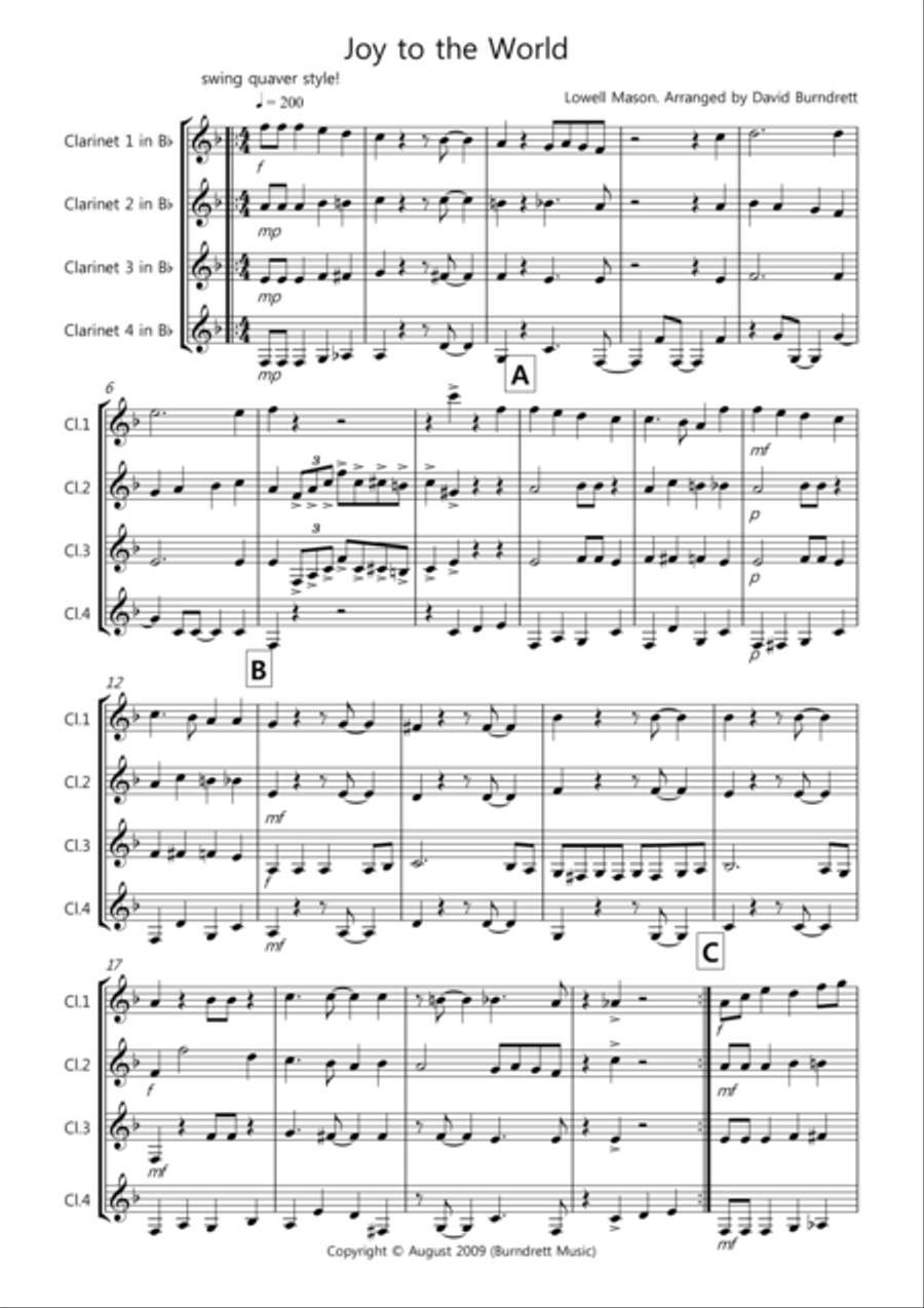 Joy To The World (Jazzy Style!) for Clarinet Quartet Clarinet Quartet scores gallery preview page 1