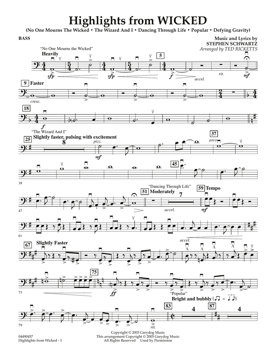Highlights from Wicked - Bass Full Orchestra scores gallery preview page 1