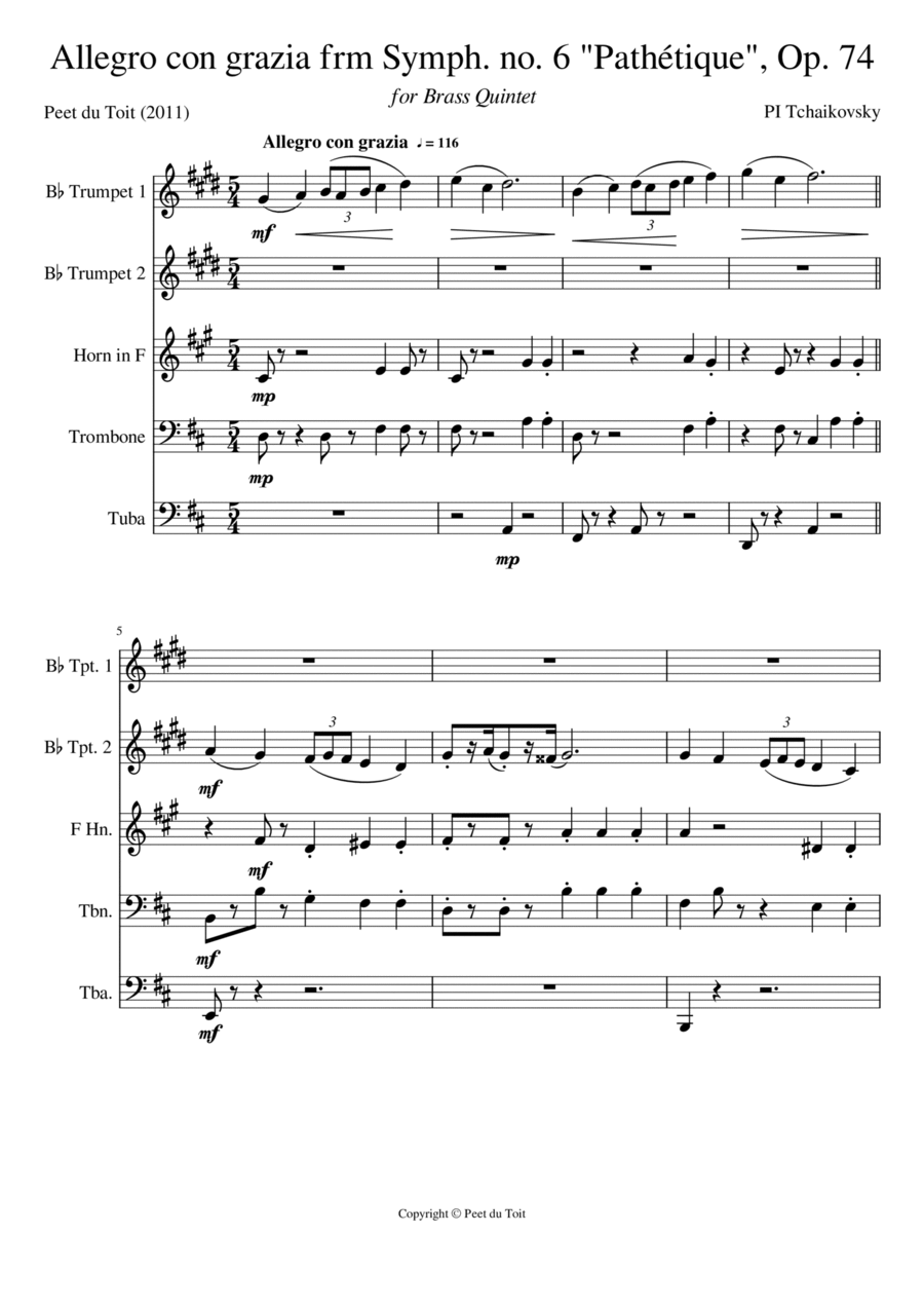 Allegro con grazia from Symphony no. 6 'Pathétique', Op. 74 - PI Tchaikovsky (Brass Quintet) Brass Quintet scores gallery preview page 1