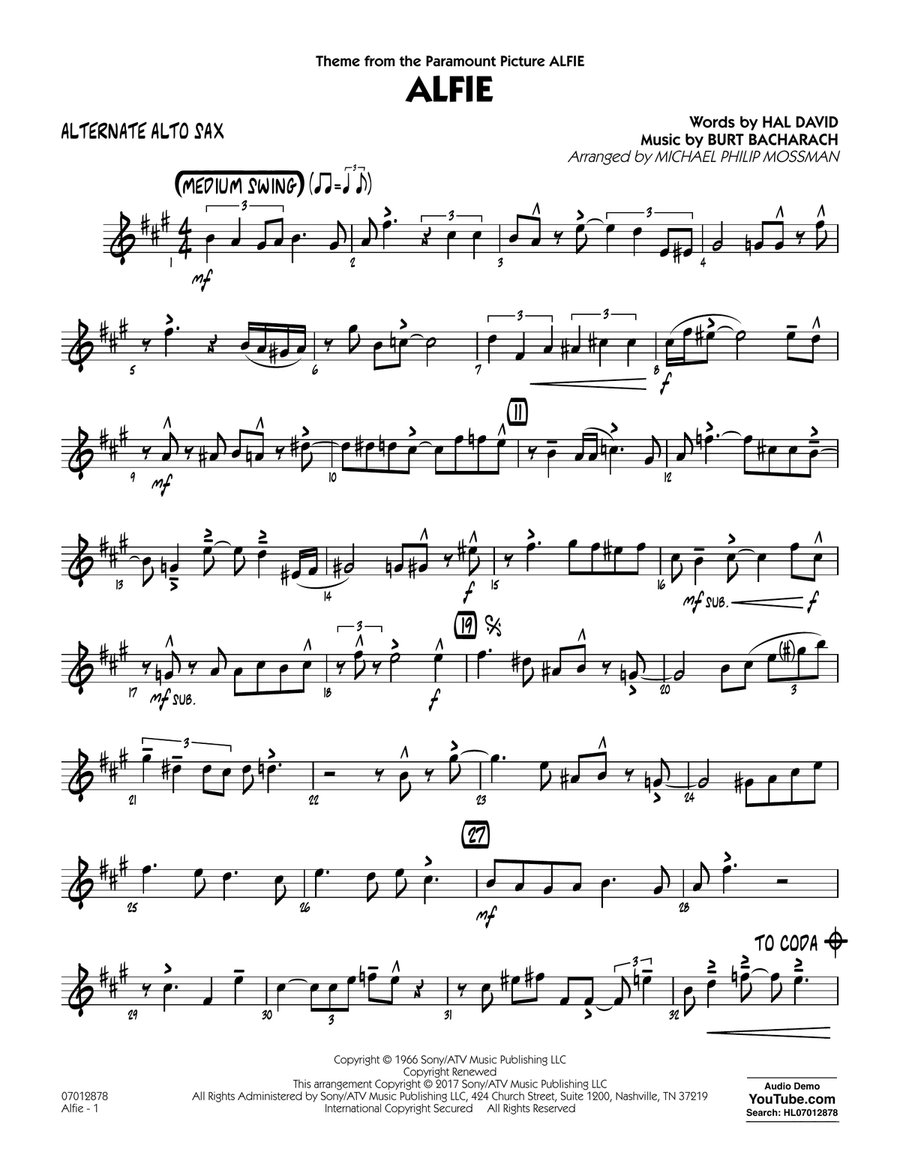 Alfie - Alternate Alto Sax Jazz Ensemble scores gallery preview page 1