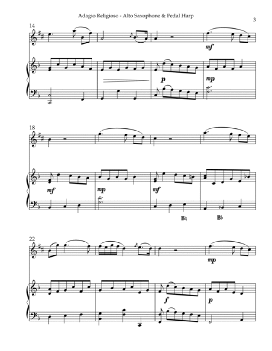 Adagio Religioso, K622, Duet for Eb Alto Saxophone & Pedal Harp Alto Saxophone scores gallery preview page 3