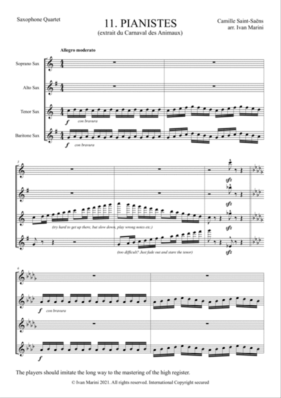THE CARNIVAL OF THE ANIMALS for Saxophone Quartet - 11. Pianistes (Pianists) Saxophone Quartet scores gallery preview page 4
