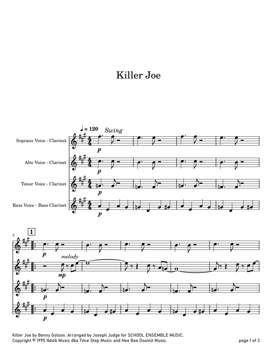 Cool Joe, Mean Joe (Killer Joe) Clarinet Quartet scores gallery preview page 1