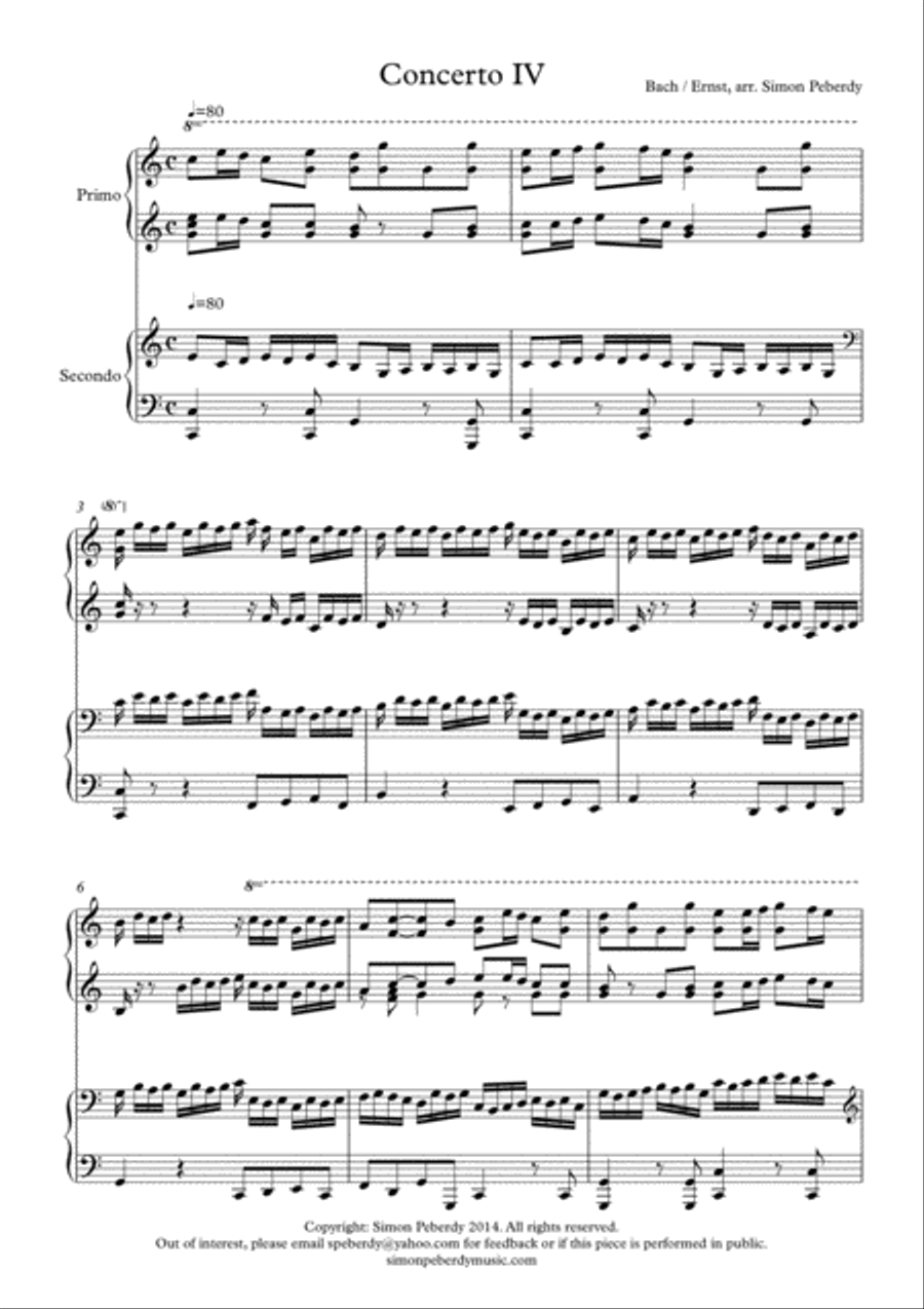 Bach/Ernst Concerto IV in C major, arr for piano duet by Simon Peberdy 1 Piano, 4-Hands scores gallery preview page 4