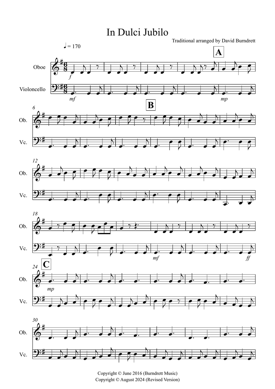 In Dulci Jubilo for Oboe and Cello Duet Oboe scores gallery preview page 1