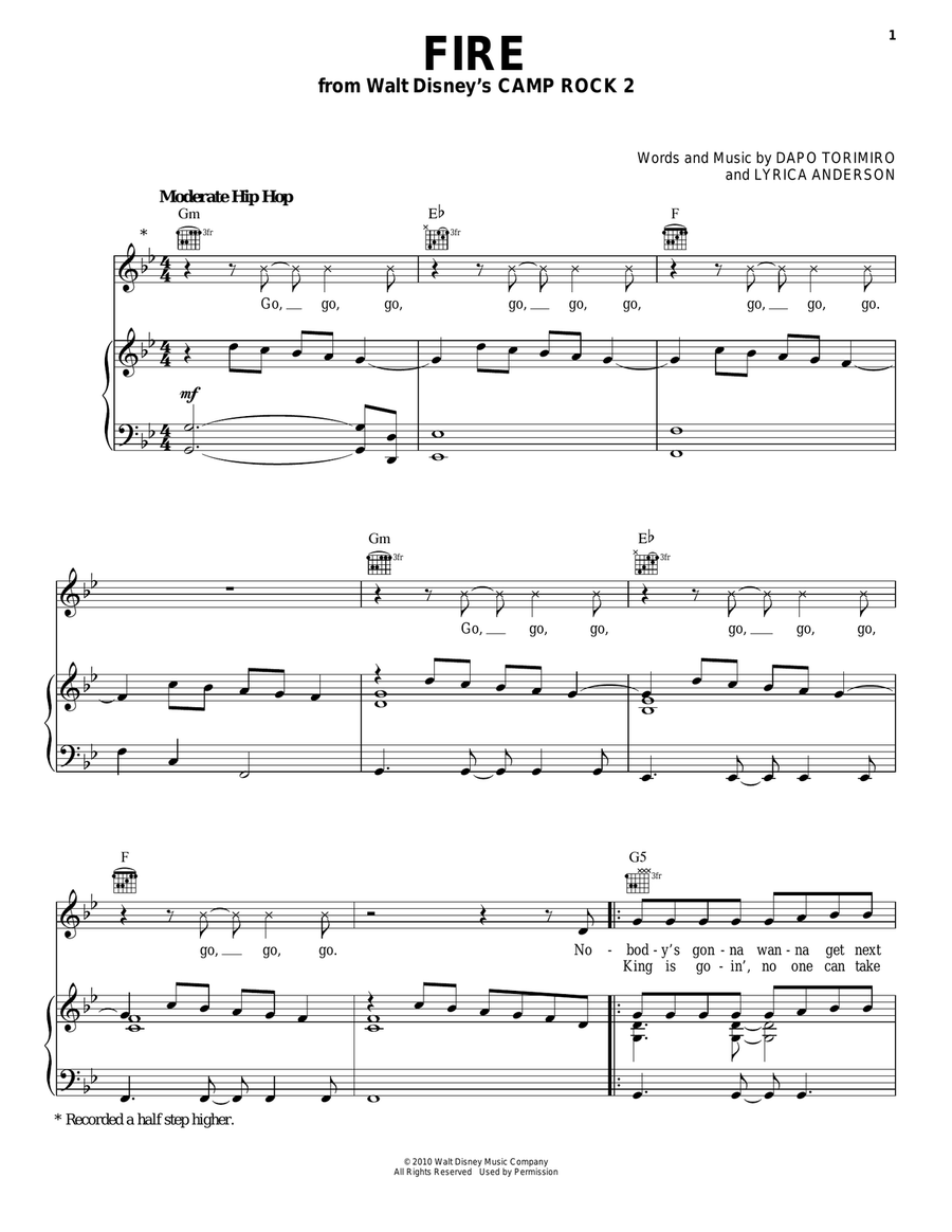 Fire (from Camp Rock 2) Piano, Vocal, Guitar scores gallery preview page 1