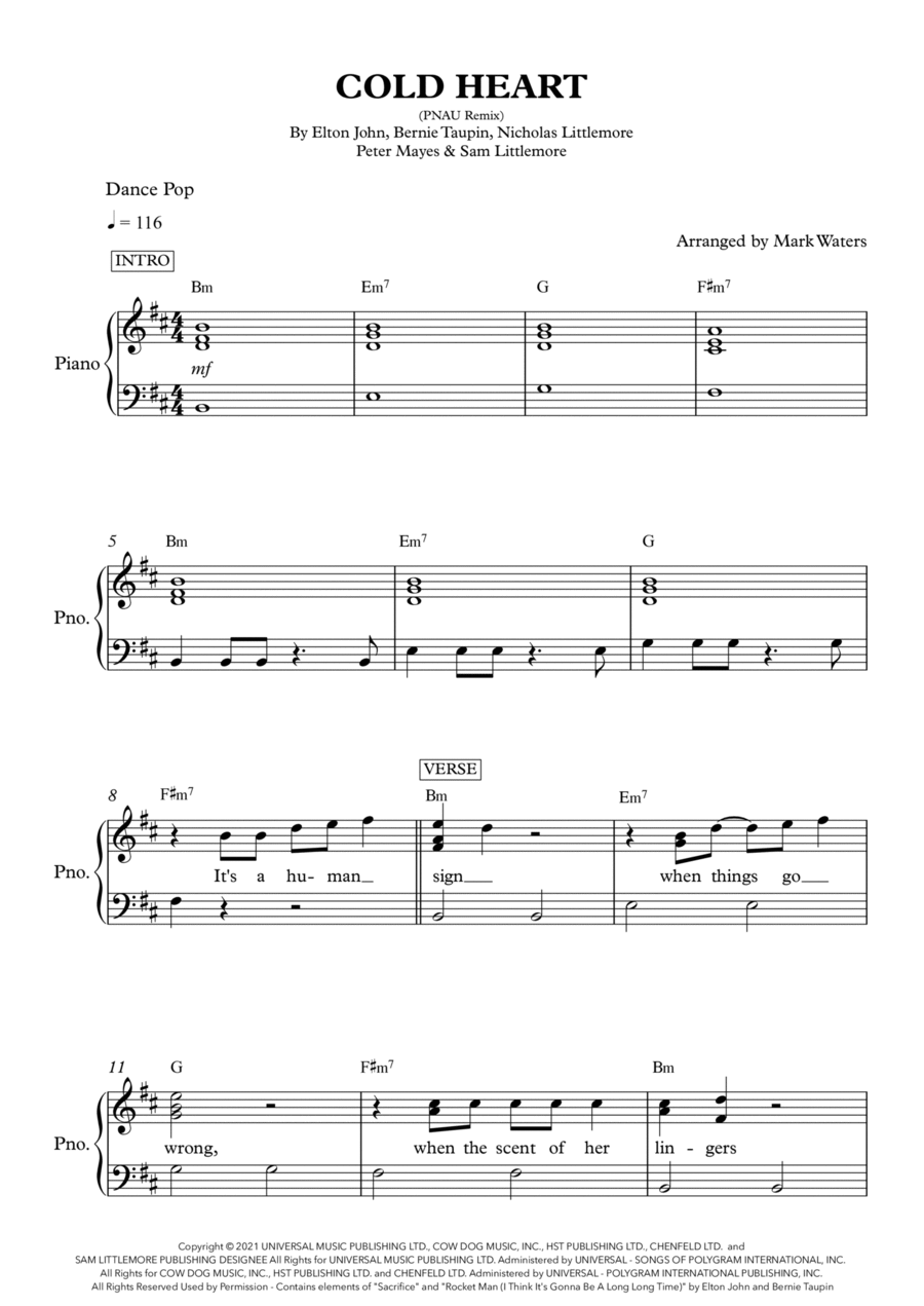 Cold Heart (pnau Remix) Easy Piano scores gallery preview page 1