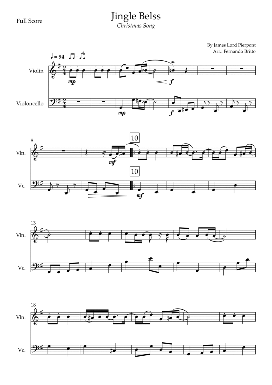 Jingle Bells - Jazz Version (Christmas Song) for Violin & Cello Duo String Duet scores gallery preview page 1
