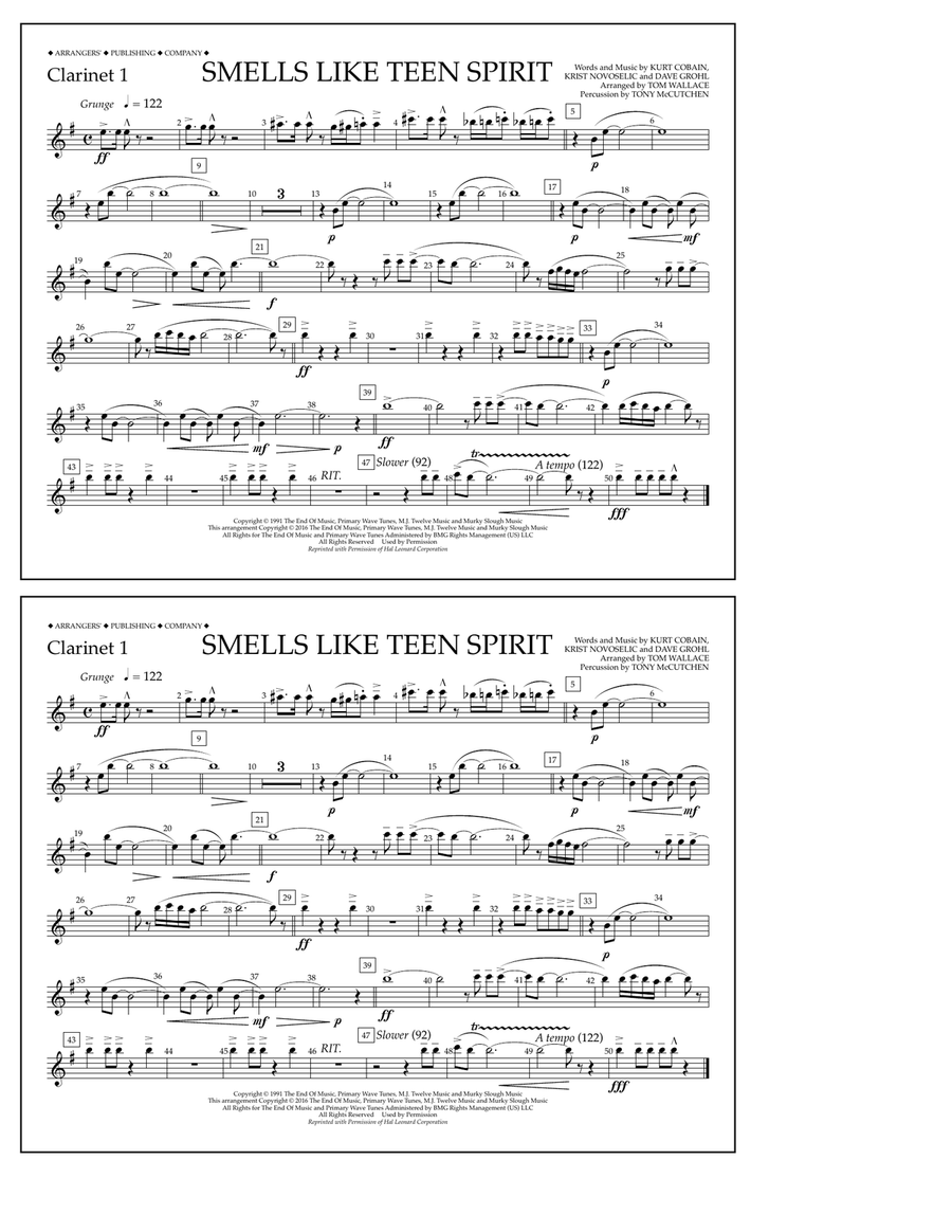 Smells Like Teen Spirit - Clarinet 1 Marching Band scores gallery preview page 1
