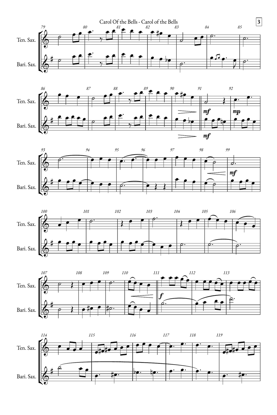 Carol of the Bells Tenor Saxophone scores gallery preview page 3