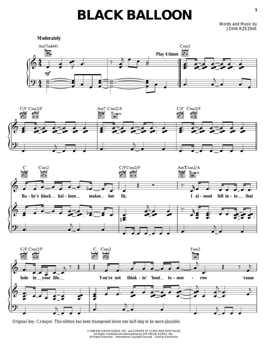 Black Balloon Black Balloon Piano, Vocal, Guitar scores gallery preview page 1