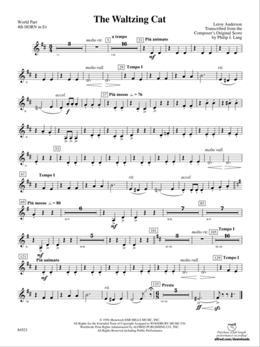 The Waltzing Cat: (World Part) 4th Horn in E-flat Concert Band scores gallery preview page 1