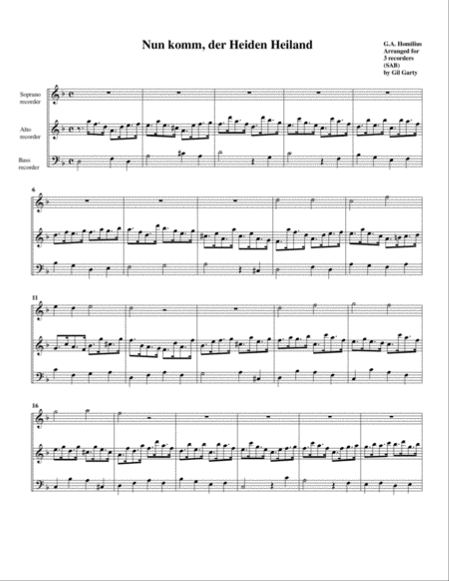 Nun komm, der Heiden Heiland (arrangement for 3 recorders) Recorder scores gallery preview page 1