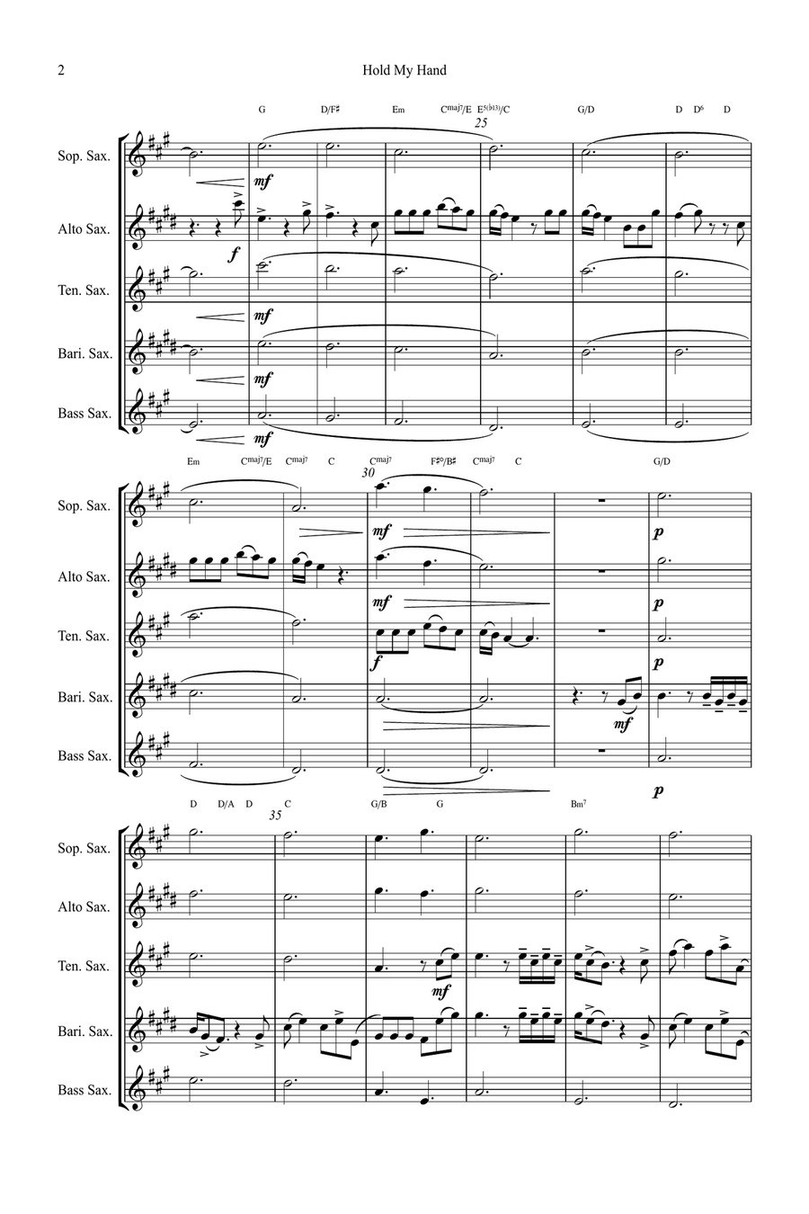 Hold My Hand Saxophone Quintet scores gallery preview page 2