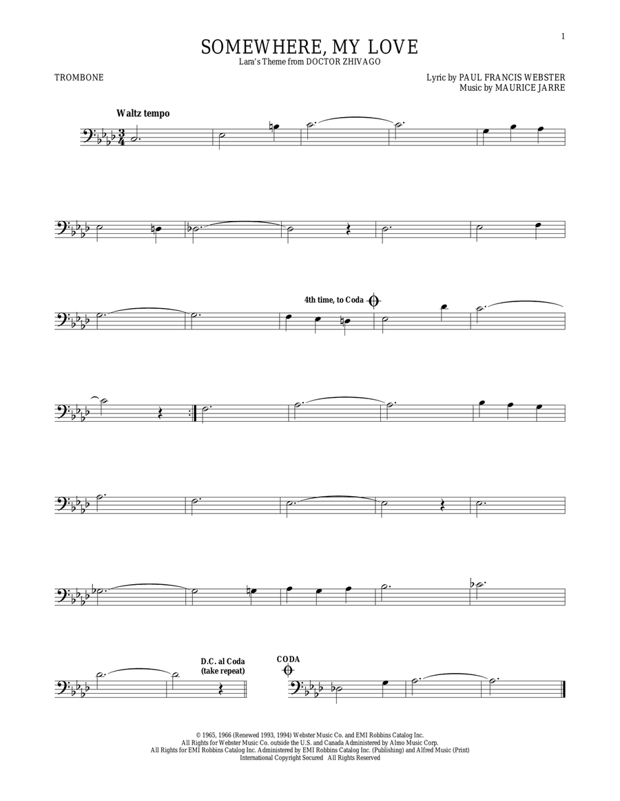 Somewhere, My Love Trombone Solo scores gallery preview page 1