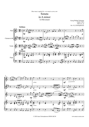 Book cover for Telemann Sonata in A Minor TWV 41:a3, 1st Movement: Siciliano - Flute, Clarinet, Violin and Piano