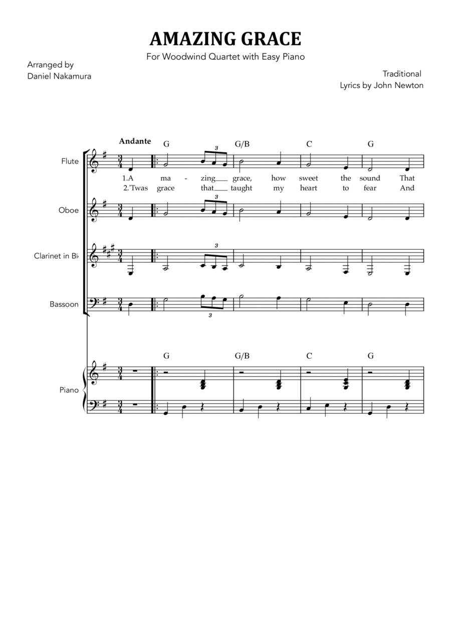 Amazing Grace for Woodwind Quartet and Easy Piano by John Newton
