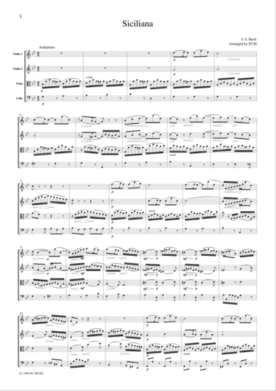 J.S.Bach Siciliana, for string quartet, CB210 String Quartet scores gallery preview page 1