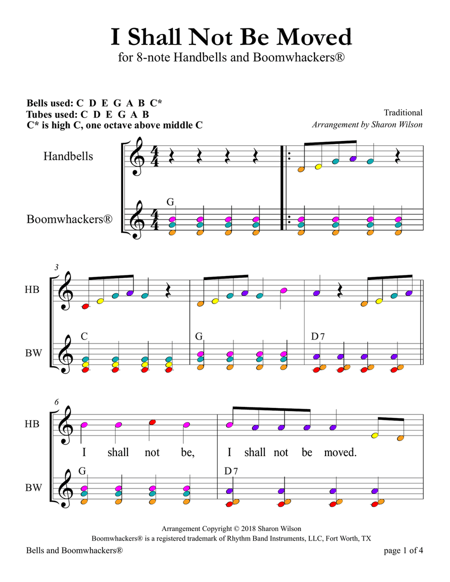 I Shall Not Be Moved (for 8-note Bells and Boomwhackers with Color Coded Notes) Handbell Choir scores gallery preview page 6