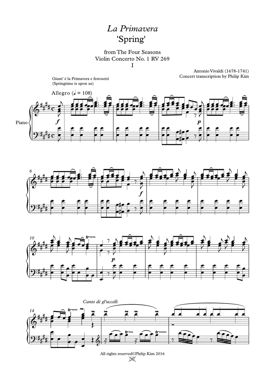 'Spring' (Complete) from The Four Seasons by Vivaldi for Piano Solo Piano Solo scores gallery preview page 2
