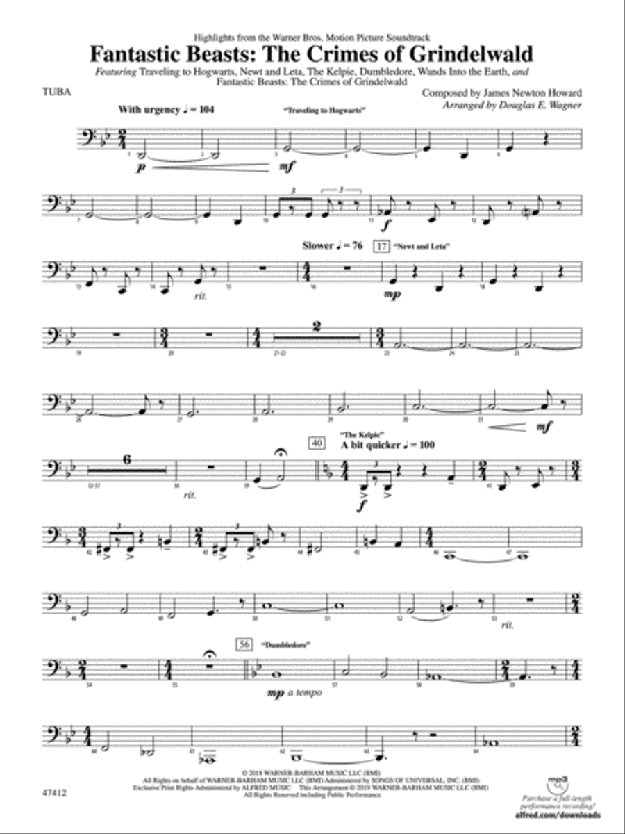 Fantastic Beasts: The Crimes of Grindelwald: Tuba Concert Band scores gallery preview page 1