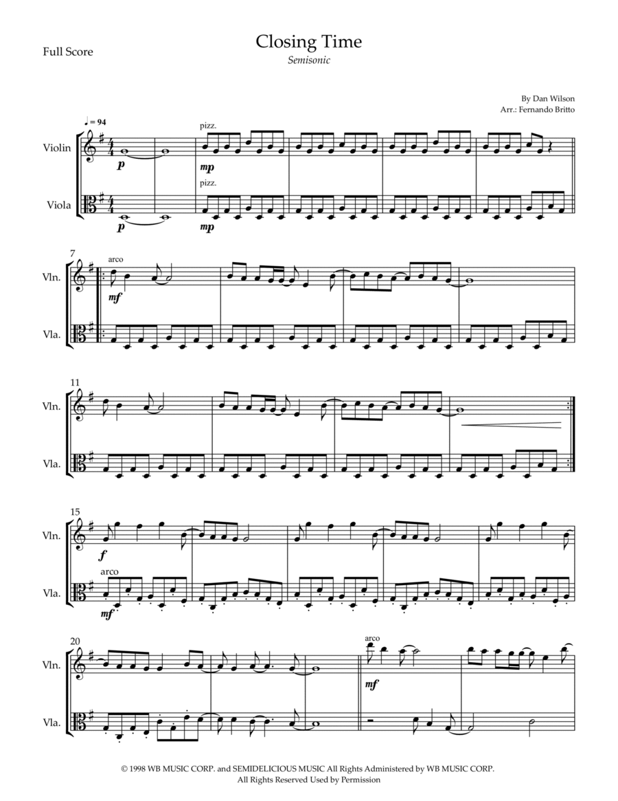Closing Time String Duet scores gallery preview page 1