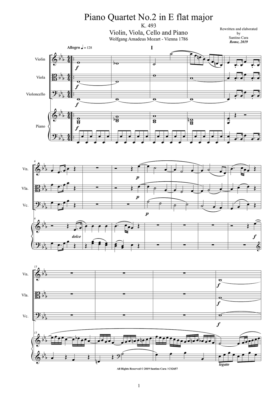 Mozart - Piano Quartet No.2 in E flat K 493 for Violin,Viola, Cello and Piano - Score and Parts Piano Quartet scores gallery preview page 1