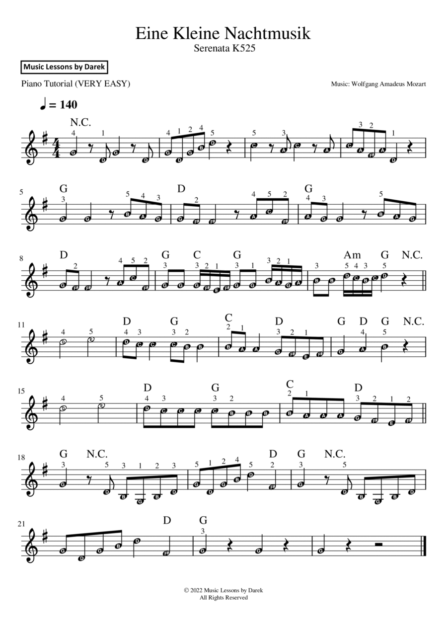 Eine Kleine Nachtmusik VERY EASY PIANO Serenata K525 Wolfgang Amadeus Mozart