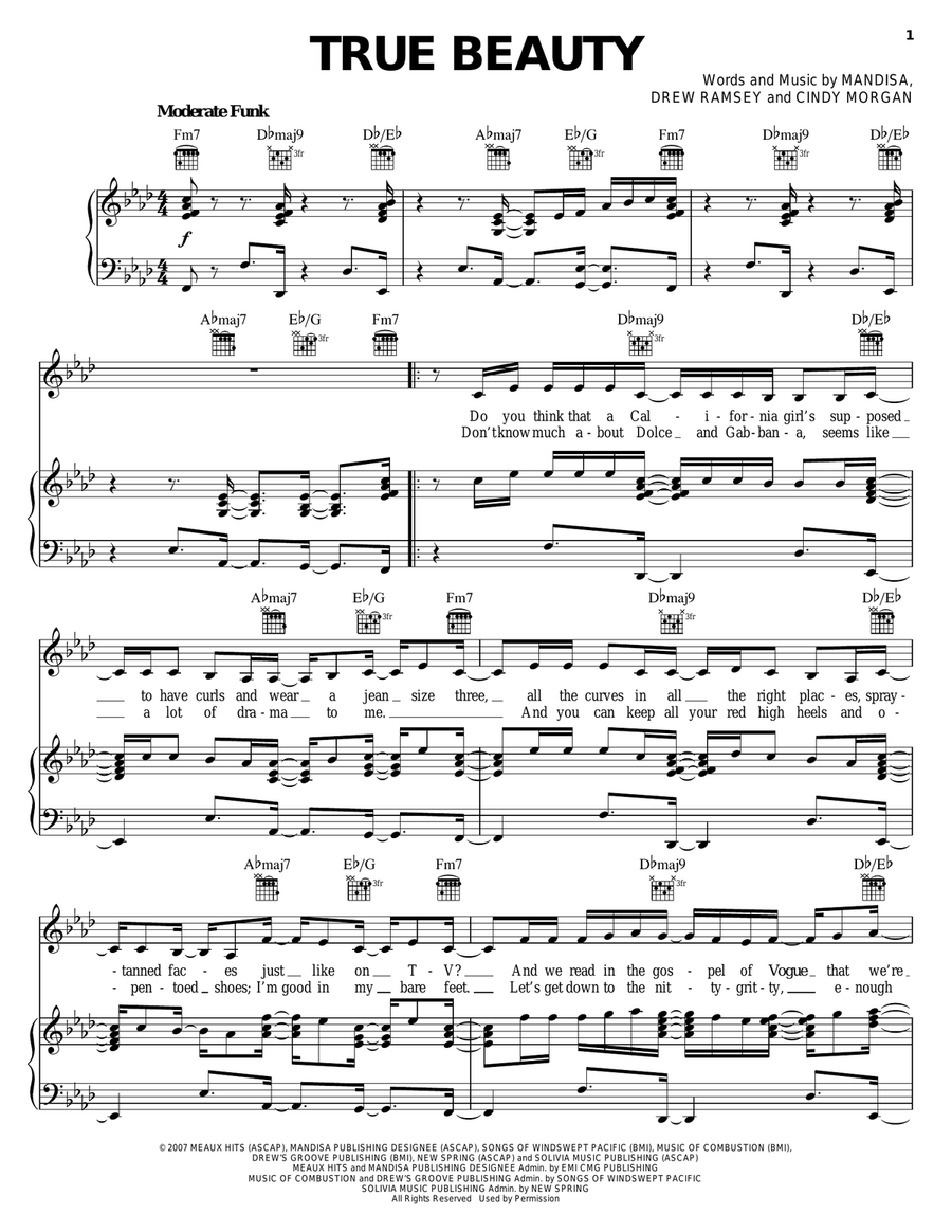 True Beauty Piano, Vocal, Guitar scores gallery preview page 1