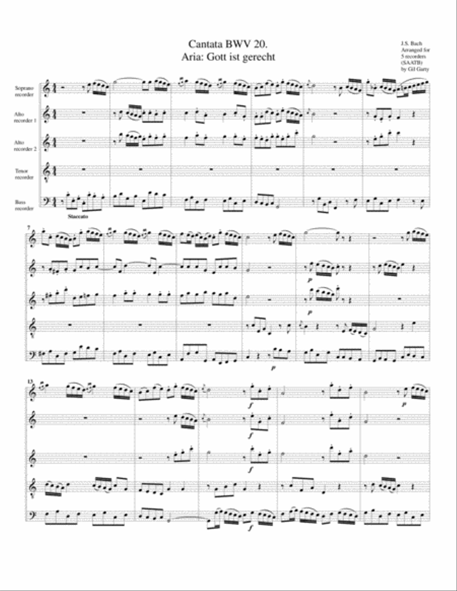 Aria: Gott ist gerecht from Cantata BWV 20 (arrangement for 5 recorders)