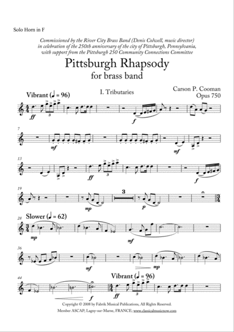 Carson Cooman: Pittsburgh Rhapsody (2008) for brass band, Solo F horn part Brass Band scores gallery preview page 1