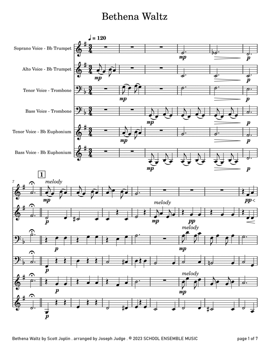 Bethena Waltz by Joplin for Brass Quartet in Schools Brass Quartet scores gallery preview page 1